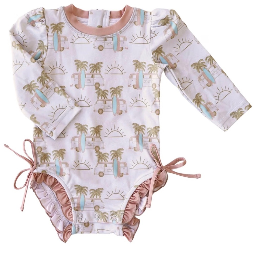 EUC Caden Lane Long-Sleeve Rash Guard One-Piece Swimsuit, Ruffle Bottom, 18-24M